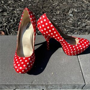 Red with white polka dot heels